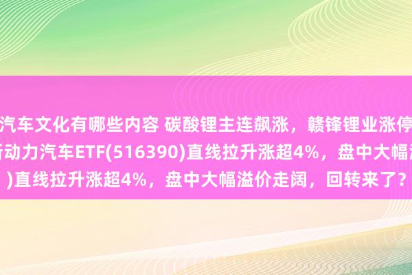 汽车文化有哪些内容 碳酸锂主连飙涨，赣锋锂业涨停、宁德期间涨3%，新动力汽车ETF(516390)直线拉升涨超4%，盘中大幅溢价走阔，回转来了？